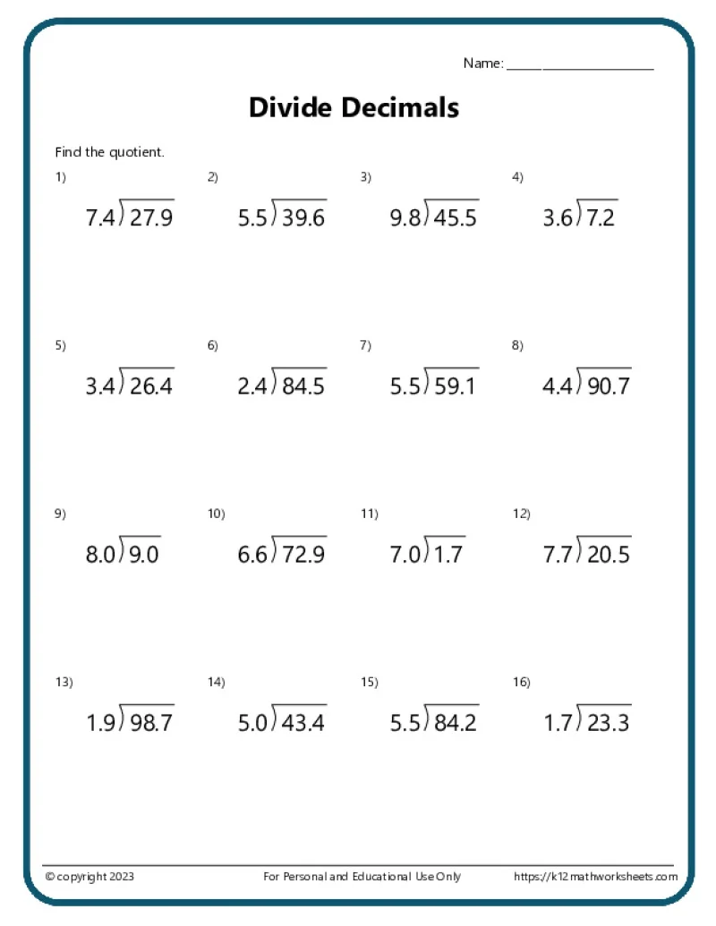 Worksheet featuring fifth graders practicing dividing multi-digit decimal numbers