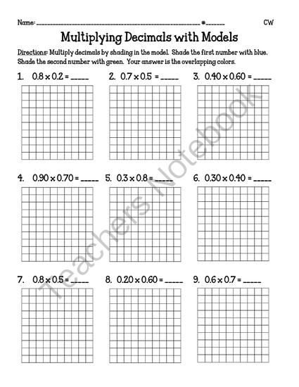 Visual representation of dividing decimals with whole number divisors for educational use Students practicing dividing decimals using models in a fifth-grade math worksheet