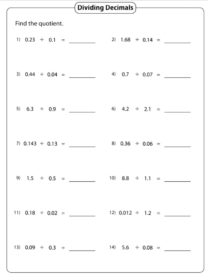 Illustration of a dividing decimals with models exercise for Grade 5 students Worksheet featuring a visual exercise for dividing decimals with whole numbers for fifth graders