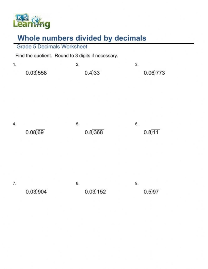 Dividing Decimals with Models Worksheet for Fifth Grade Students Visual representation of a worksheet for dividing decimals using models for fifth graders