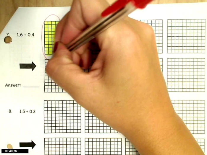Worksheet image for practicing division of decimals with whole numbers Visual representation of dividing decimals using models for fifth graders