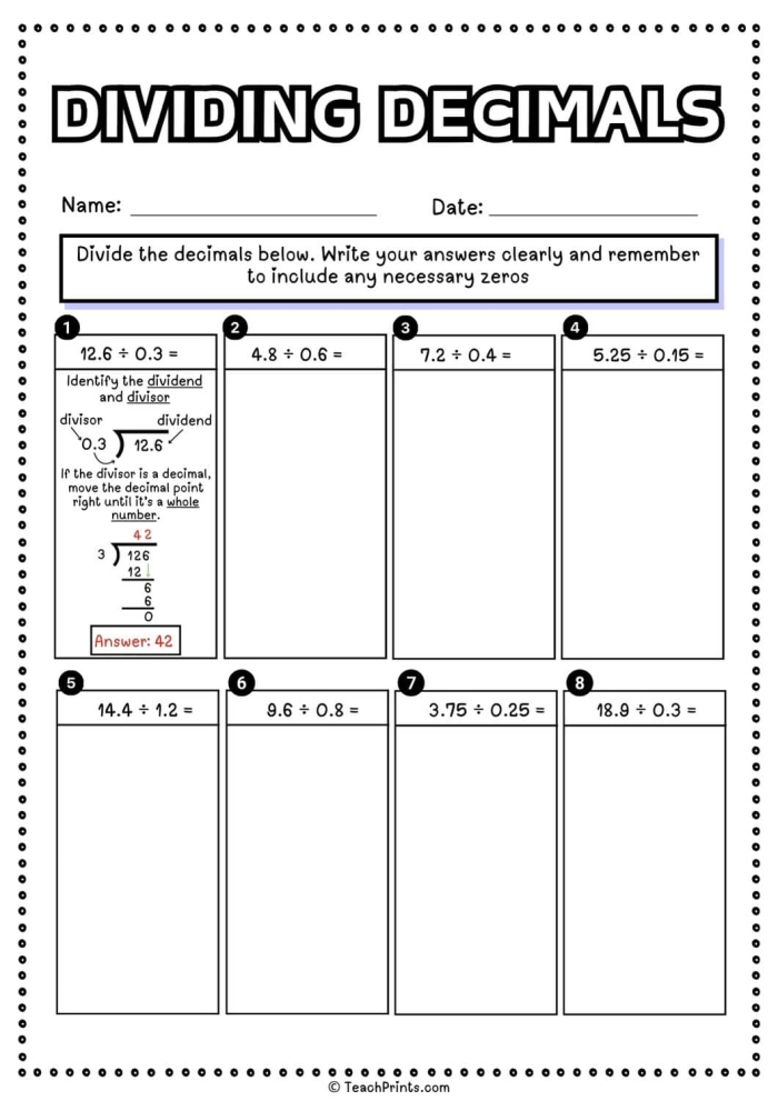 Worksheet for practicing decimal division with whole number divisors Visual representation of dividing decimals using models for fifth-grade students