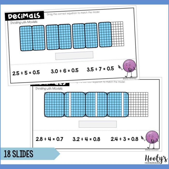 Dividing Decimals with Models Worksheet - Image 18 Worksheet image illustrating decimal division models for fifth graders