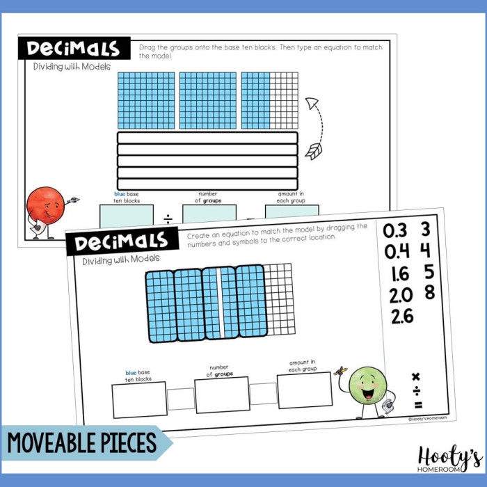 Worksheet featuring exercises on decimal division with whole number divisors Visual representation of dividing decimals using models for fifth-grade students