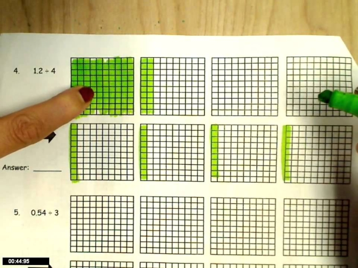 Worksheet image for practicing decimal division with whole number divisors Visual representation of dividing decimals using models for fifth graders
