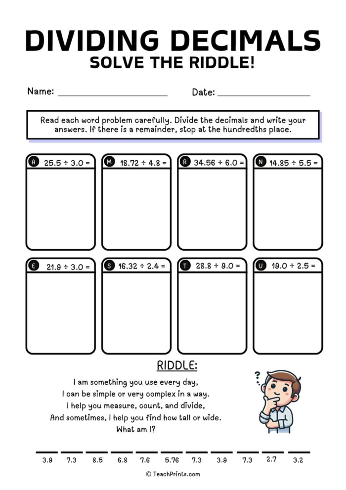 Visual guide to practicing decimal division using models in a fifth-grade math worksheet Worksheet featuring models for dividing decimals with whole number divisors for fifth graders