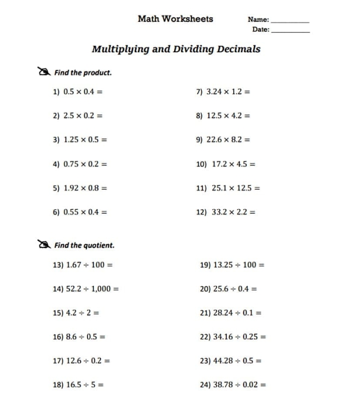 Fifth grade math worksheet featuring practice problems for dividing decimals