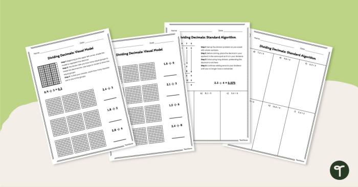 Fifth grade math worksheet featuring nine problems on dividing decimals by whole numbers