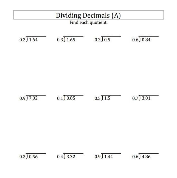 Fifth grade students solving decimal division problems on a practice worksheet with examples and answer spaces