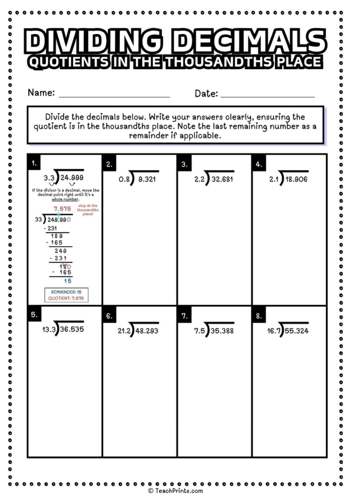 Fifth grade student completing a math worksheet on dividing decimals