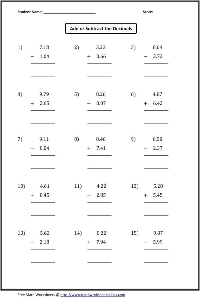 Fifth grade math worksheet featuring nine practice problems for dividing decimals by whole numbers