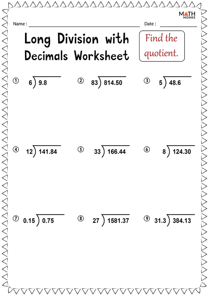 Fifth grade students solving decimal division problems on a practice worksheet with multiple math exercises