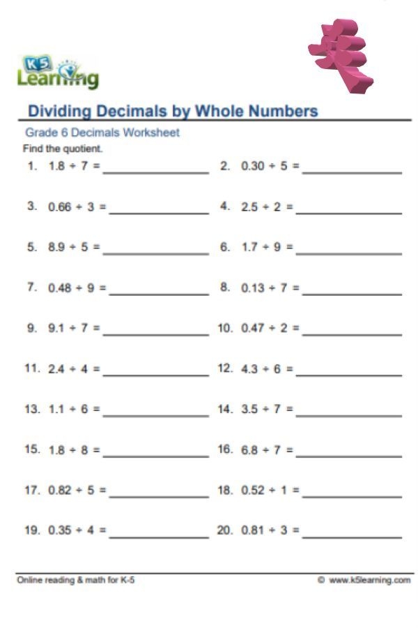 Students practicing dividing decimals in a fifth-grade math worksheet