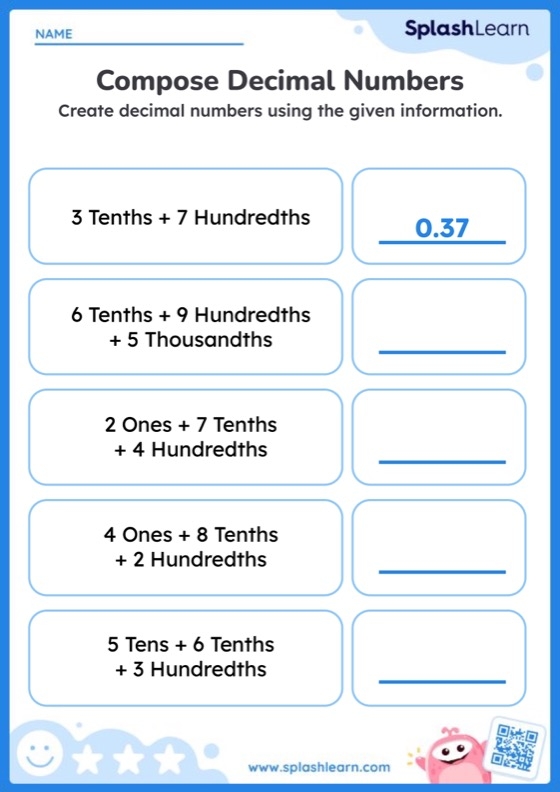 Children practicing dividing decimals in a fifth-grade math worksheet