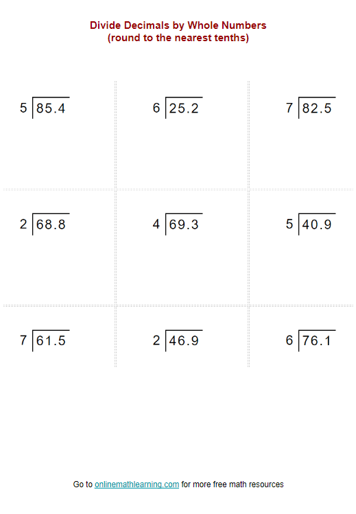 Worksheet featuring practice problems for dividing decimals by whole numbers