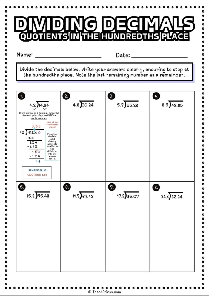 Fifth grade students solving decimal division problems on a practice worksheet with multiple math equations