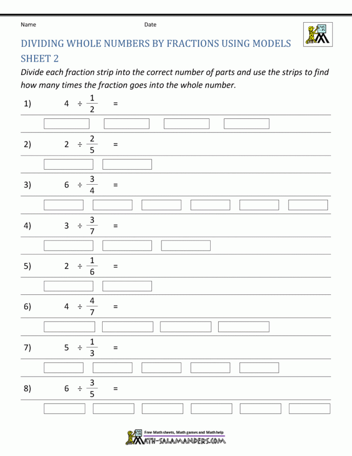 Dividing Fractions by Whole Numbers Practice Worksheet Two Fifth grade student completing a math worksheet on dividing fractions by whole numbers