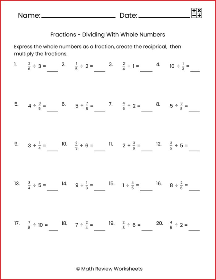 Dividing Fractions by Whole Numbers Worksheet - Image 7 Worksheet for practicing dividing fractions by whole numbers for fifth graders