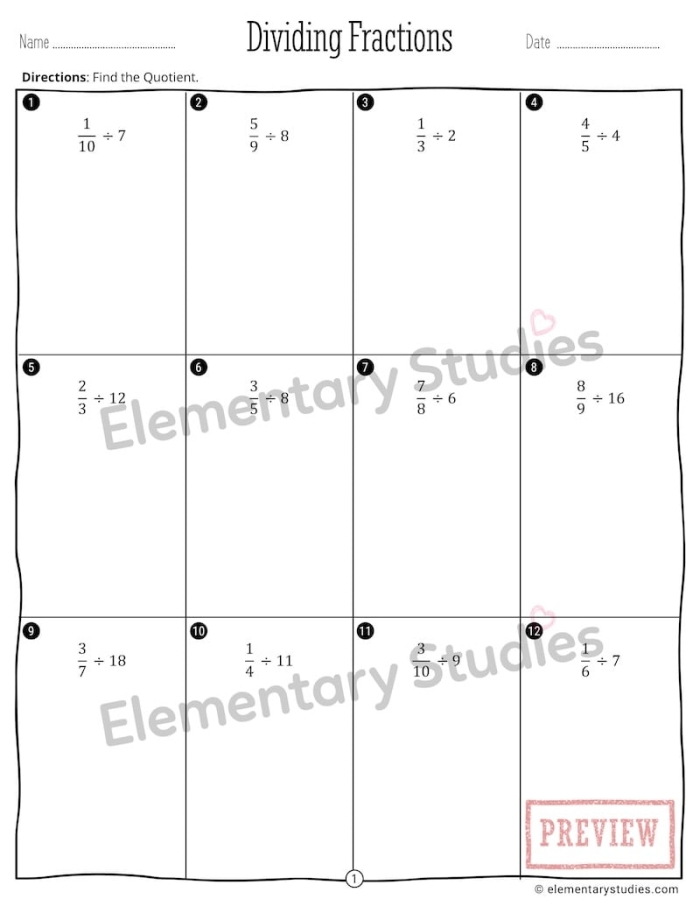 Dividing Fractions by Whole Numbers Worksheet 17 Fifth grade math worksheet featuring practice problems for dividing fractions by whole numbers