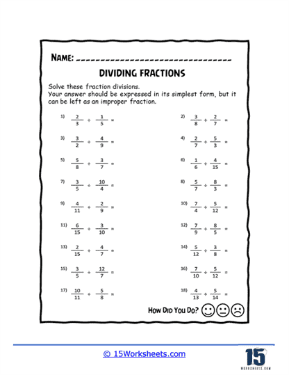 Sixth grade student working through dividing fractions by fractions practice problems on a colorful worksheet