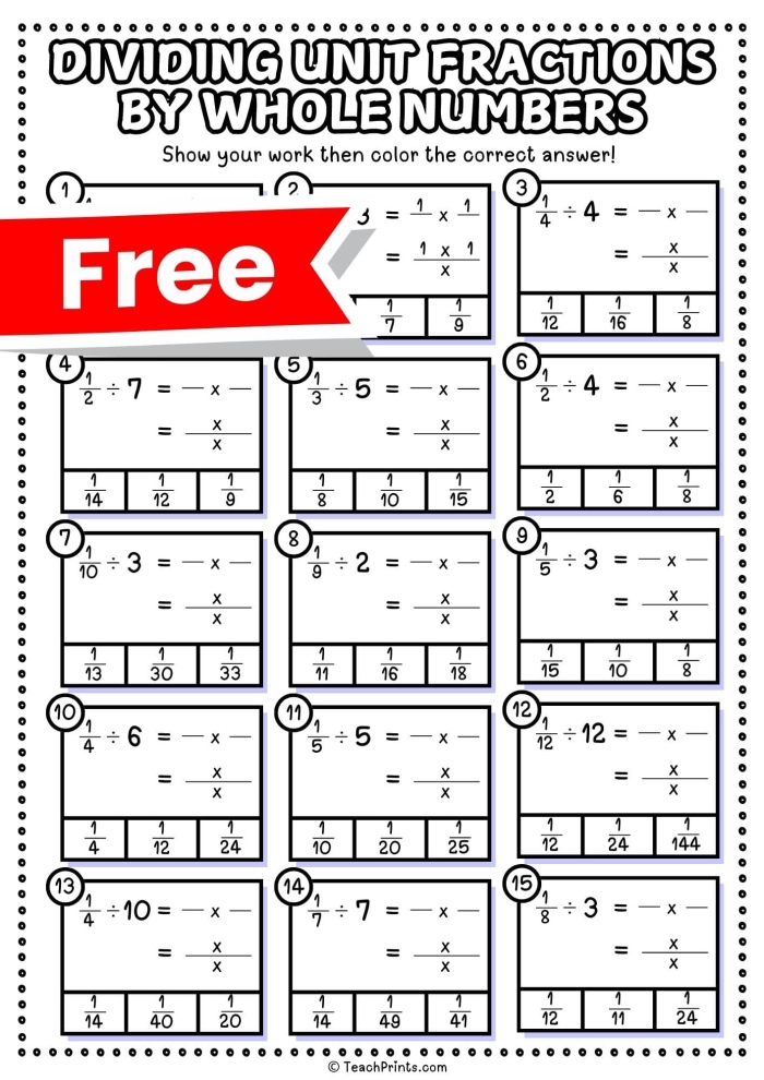 Dividing Fractions by Whole Numbers Worksheet for Fifth Grade Page 8 Fifth grade student working on a Dividing Fractions by Whole Numbers worksheet