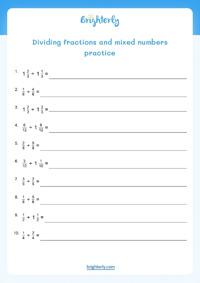 Sixth grade student solving dividing fractions by fractions math problems on a practice worksheet with clear examples and rhyming instructions