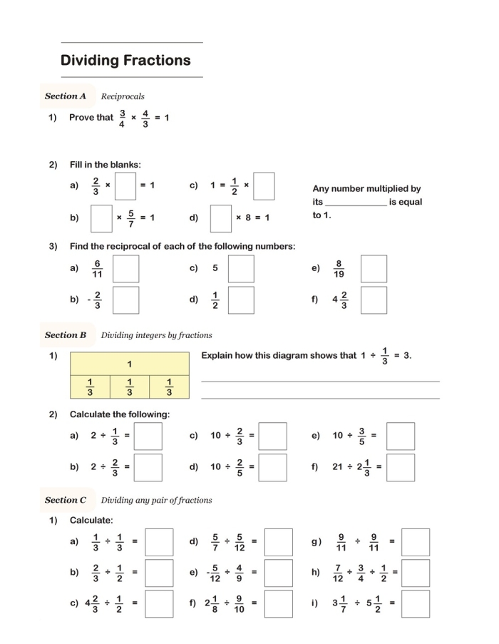 Sixth grade student working through dividing fractions by fractions practice problems on a worksheet