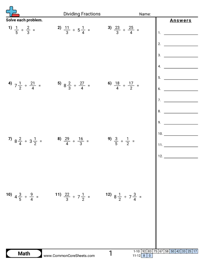 Sixth grade student working through dividing fractions by fractions practice problems on a math worksheet
