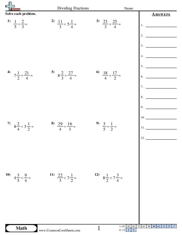Sixth grade student working through dividing fractions by fractions problems on a practice worksheet