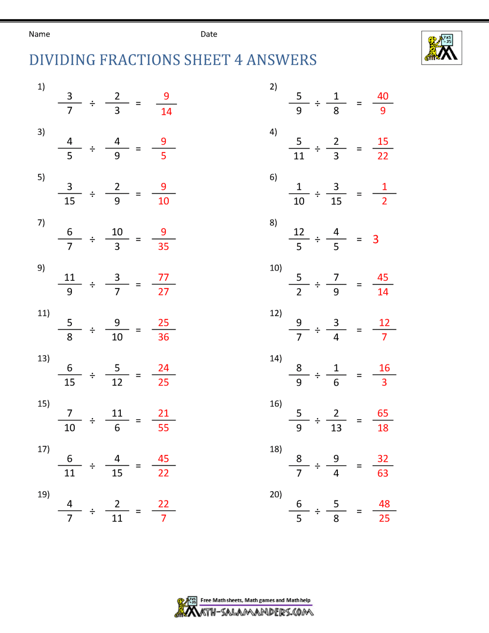 Sixth grade math worksheet featuring rhyming problems on dividing fractions by fractions