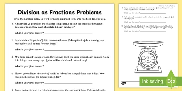 Sixth grade math worksheet featuring word problems for dividing fractions and whole numbers