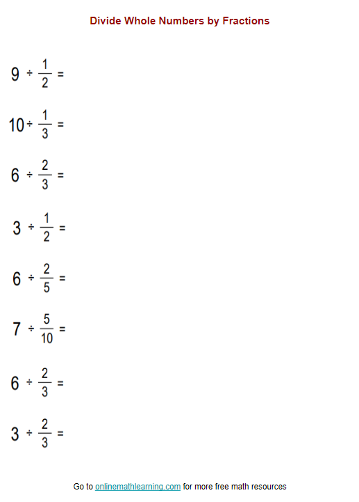 Worksheet featuring word problems on dividing fractions for sixth graders