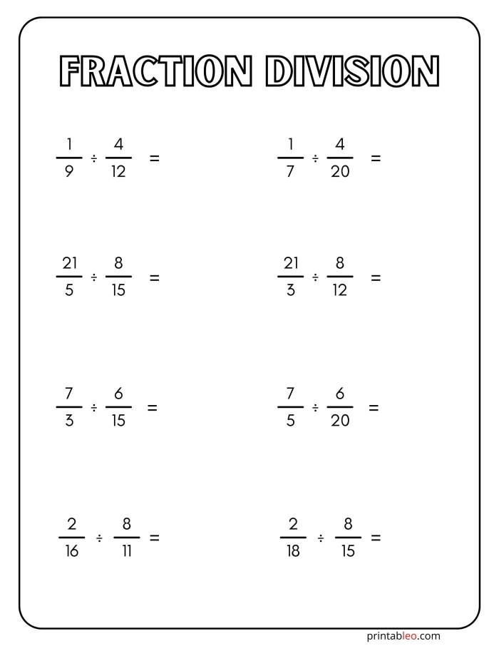 Sixth grade math worksheet featuring clear exercises for dividing fractions by fractions
