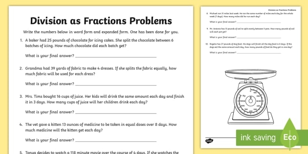 Sixth grade student solving a math word problem about dividing fractions on a worksheet