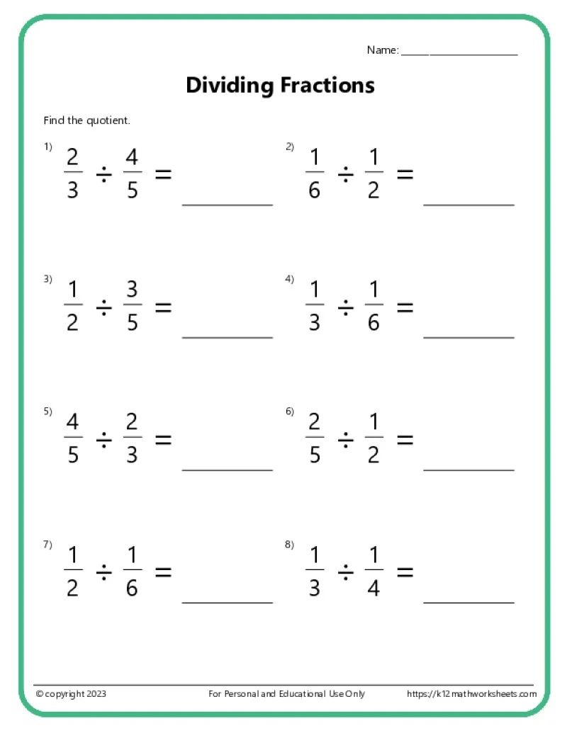 Sixth grade worksheet featuring rhyming problems for dividing fractions by fractions