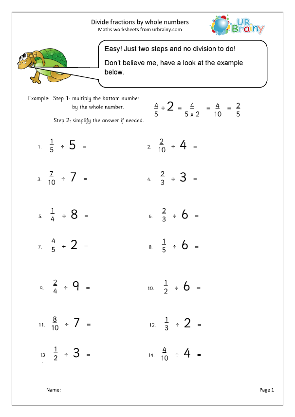 Dividing Fractions by Whole Numbers Practice Worksheet - Image 21 Worksheet for practicing division of fractions by whole numbers for fifth graders