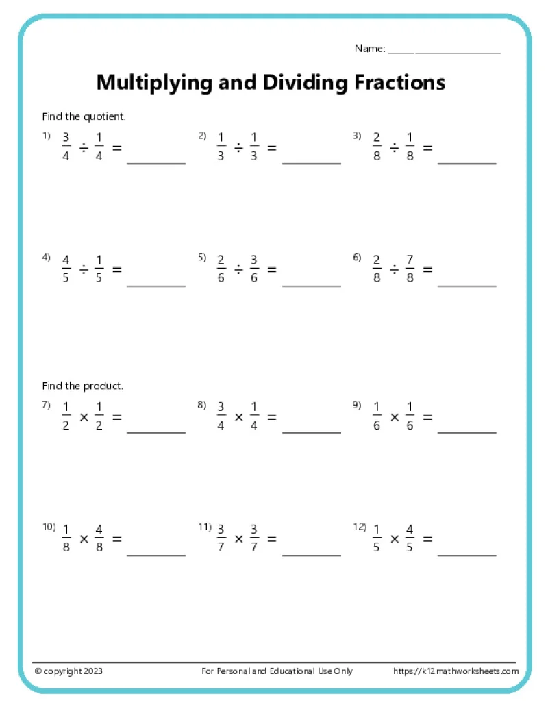 Sixth grade student solving dividing fractions by fractions problems on a math worksheet with rhyming examples