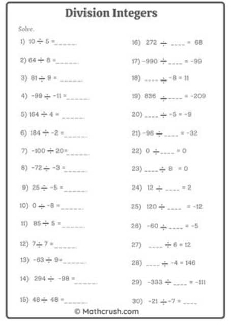 Dividing Integers Worksheet for Seventh Grade Math Practice Number 25 Seventh grade math worksheet featuring a variety of practice problems for dividing positive and negative integers