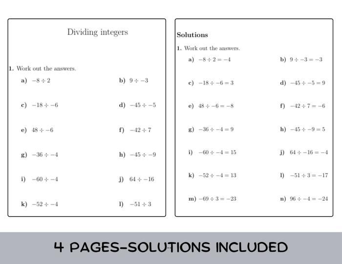 Dividing Integers Worksheet 20 for Seventh Grade Math Practice Seventh grade math worksheet featuring practice problems on dividing positive and negative integers