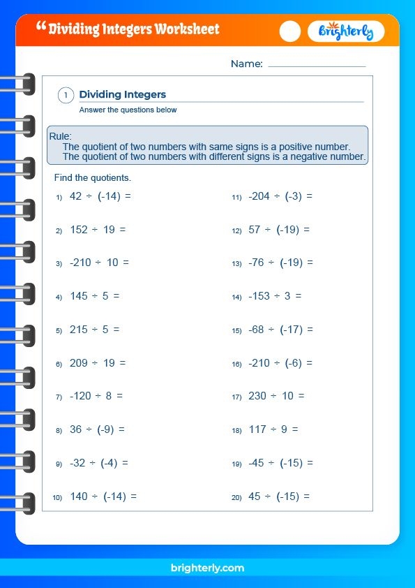 Dividing Integers Worksheet for Grade 7 Math Practice Number 8 Seventh grade math worksheet focusing on solving division problems with positive and negative integers