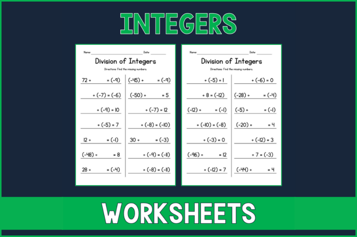 Dividing Integers Practice Worksheet for Grade 7 Math Lesson 18 Seventh grade math worksheet featuring practice problems for dividing positive and negative integers