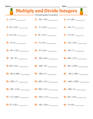 Dividing Integers Practice Problems for Middle School Math Students Seventh grade students practicing division of positive and negative integers on a one-page math worksheet