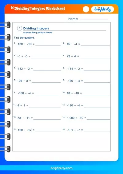 Dividing Integers Practice Worksheet for Middle School Math Students Seventh grade students practicing division of positive and negative integers on a math worksheet with example problems and practice exercises