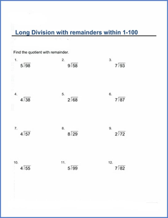 Dividing with Remainders worksheet for enhancing subtraction skills Worksheet for practicing division with remainders for fourth graders