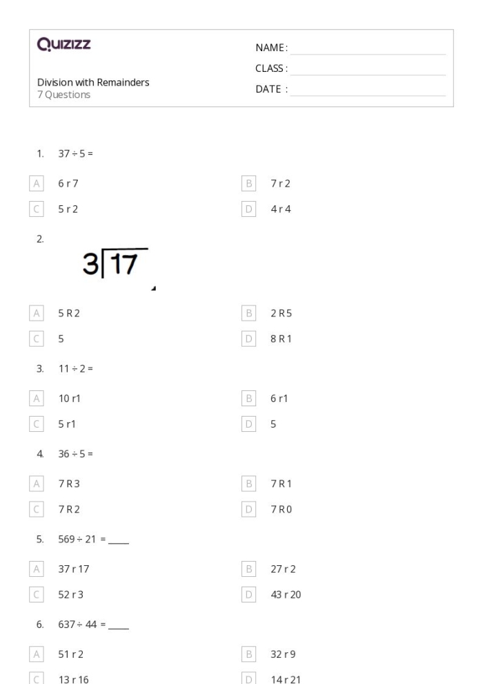 Engage your child with division problems that yield remainders Dividing with Remainders worksheet for fourth-grade students