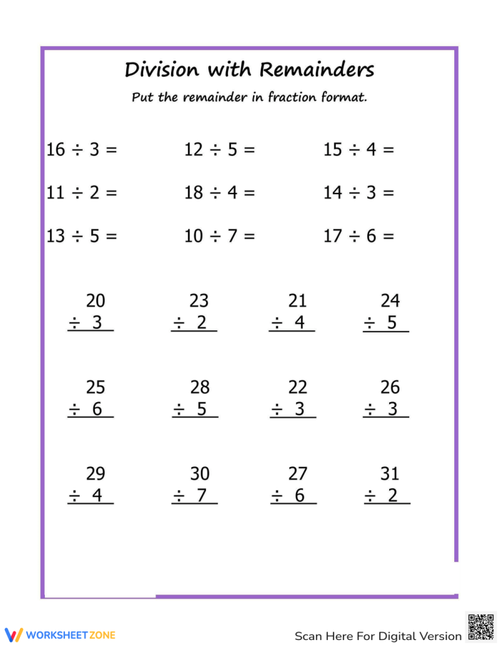 Dividing with Remainders Worksheet for Grade 4 Worksheet showing division problems with remainders for fourth graders
