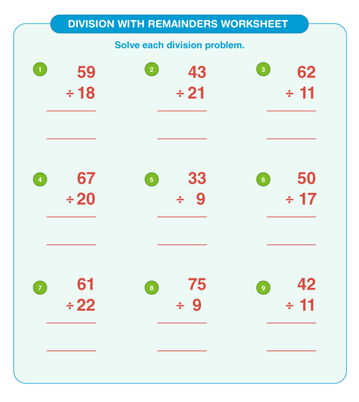Dividing with Remainders Worksheet - Image 3 Worksheet demonstrating division with remainders for fourth graders
