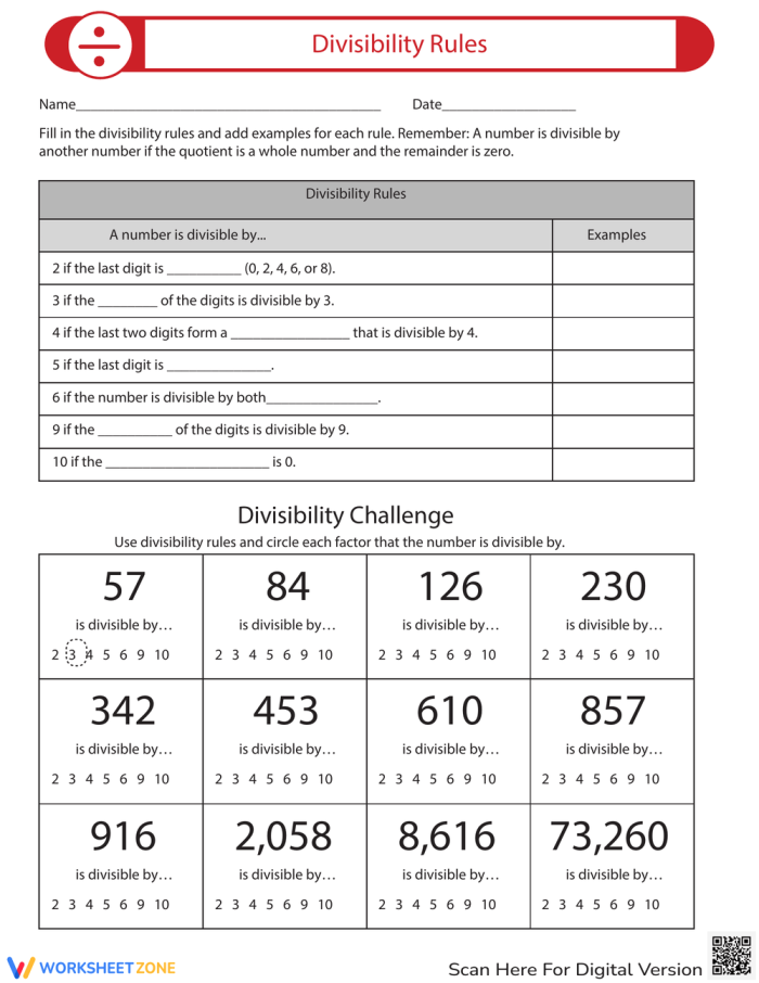 Fourth grade student worksheet featuring guided lessons and practice exercises for learning divisibility rules