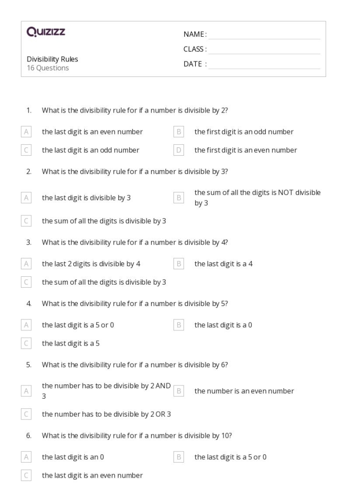 Fourth grade math worksheet explaining divisibility rules with spaces for students to practice examples