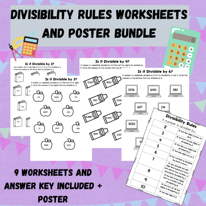 Divisibility rules learning worksheet with examples for fourth grade students to complete